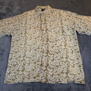 WinterSilks Short Sleeve Button Up Shirt Paisley Print Khaki Green Mens XXL